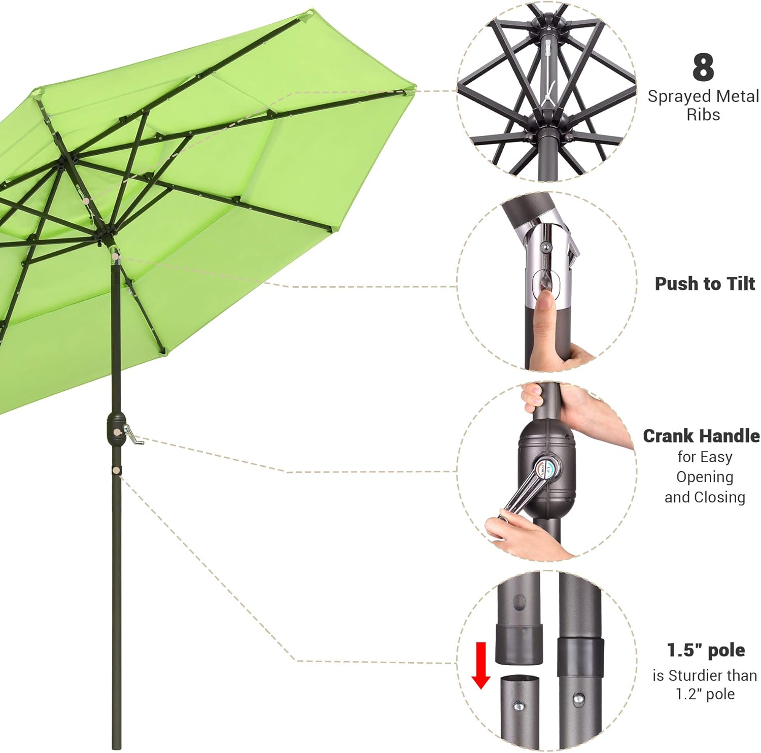 Yescom 9FT 3 Tier UV70+ Solar Powered LED Patio Umbrella with Crank Tilt Button, Apple Green