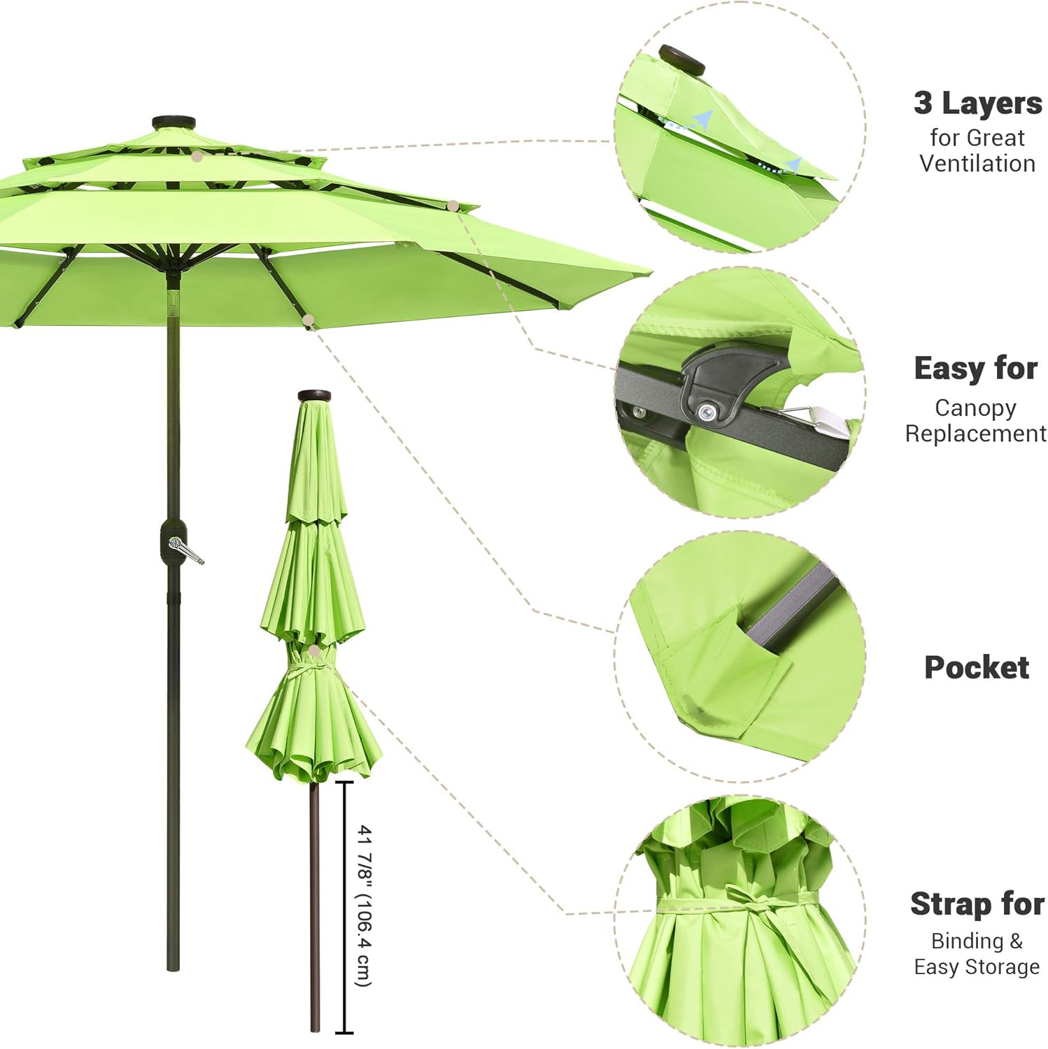 Yescom 9FT 3 Tier UV70+ Solar Powered LED Patio Umbrella with Crank Tilt Button, Apple Green