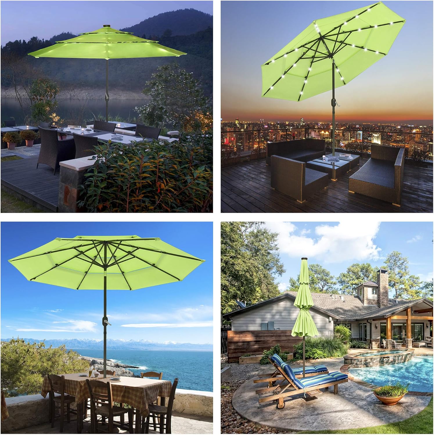 Yescom 9FT 3 Tier UV70+ Solar Powered LED Patio Umbrella with Crank Tilt Button, Apple Green
