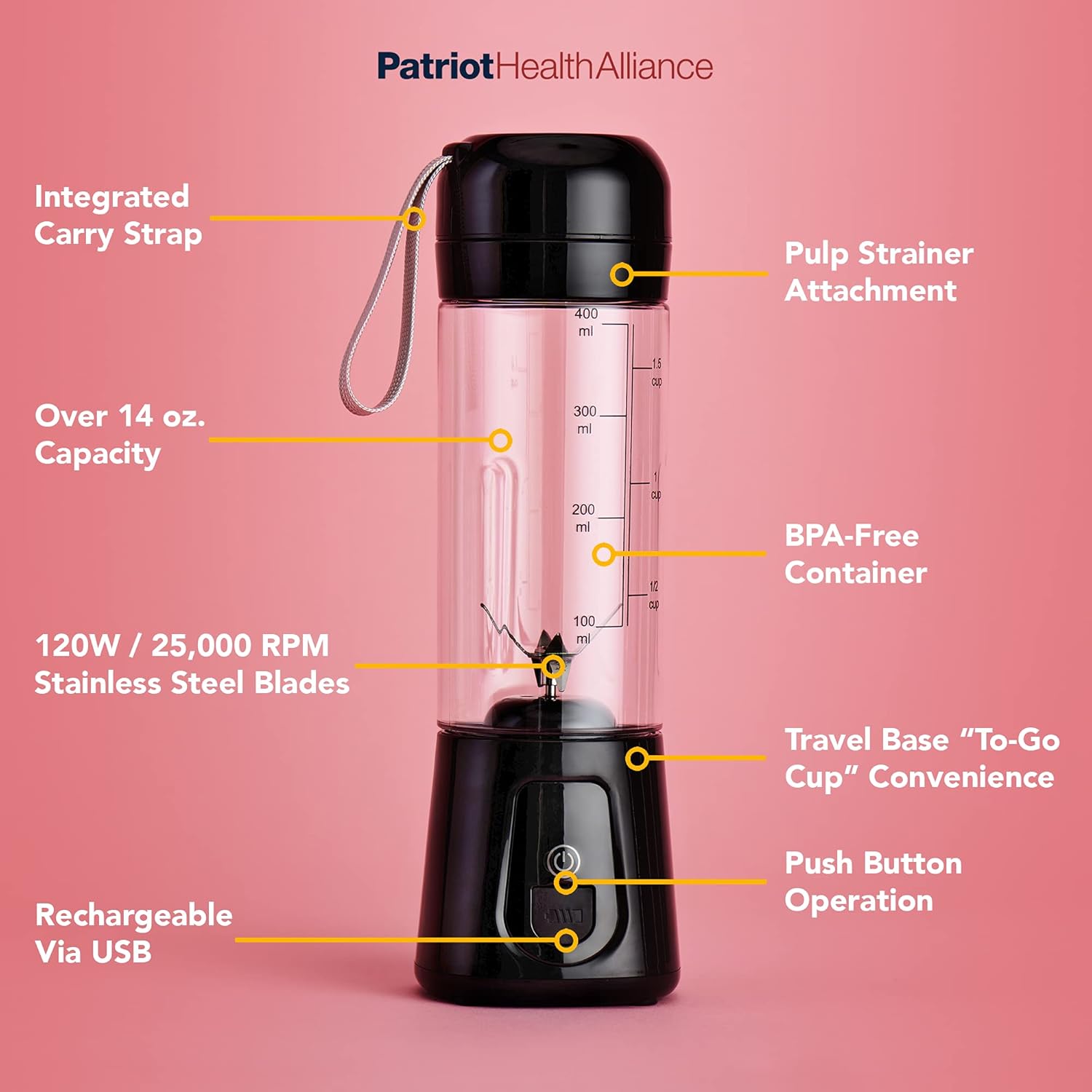 Patriot Power Blender, Portable, Cord-Free USB Rechargeable Mini Blender, Make Smoothies, Protein Shakes, Slushies for Kids & Margaritas On-The-Go, Gym, Camping