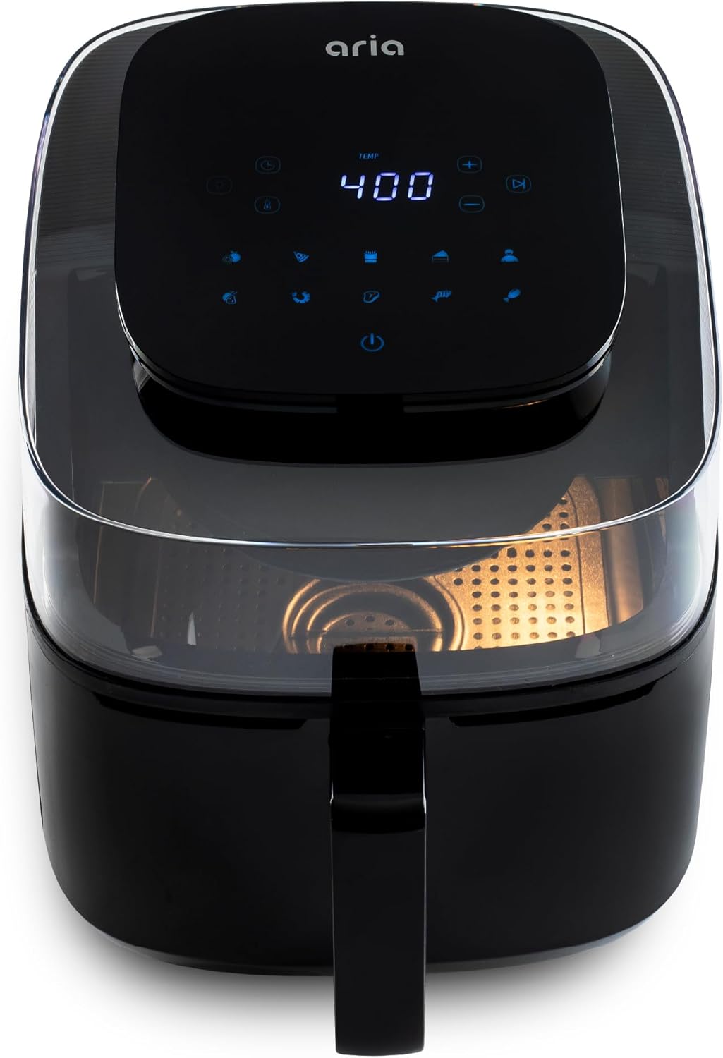 Aria 6Qt Panoramic Air Fryer, 180-Degree All-Around View, Generous Cooking Capacity, Modern Touch Screen Interface, 10 Tailored Presets, and Dishwasher-Safe Basket.