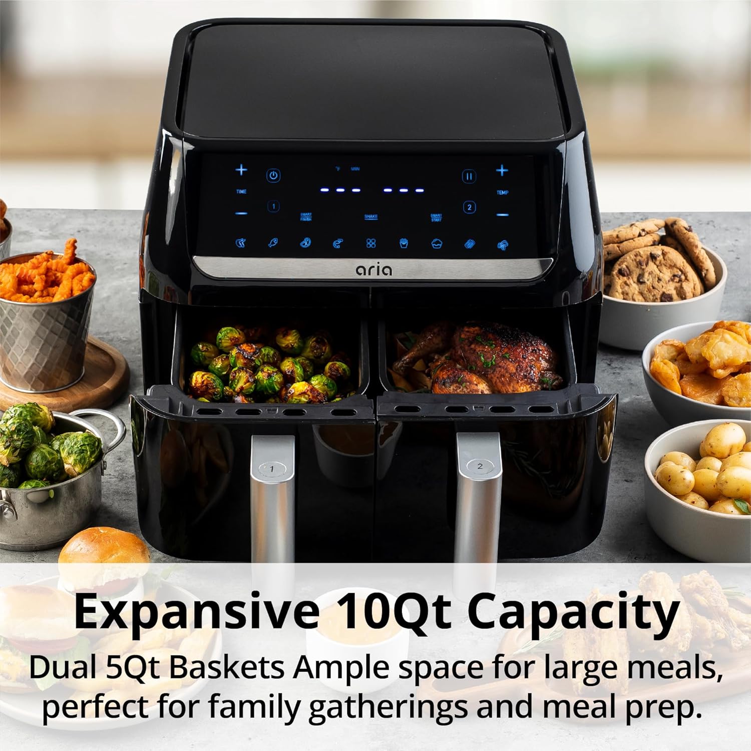 Aria 10Qt Dual Basket Air Fryer, Double 5Qt Basket Efficiency, Smart Sync Cooking, 8 Versatile Presets, Intuitive Touch Controls, and Dishwasher-Safe Baskets