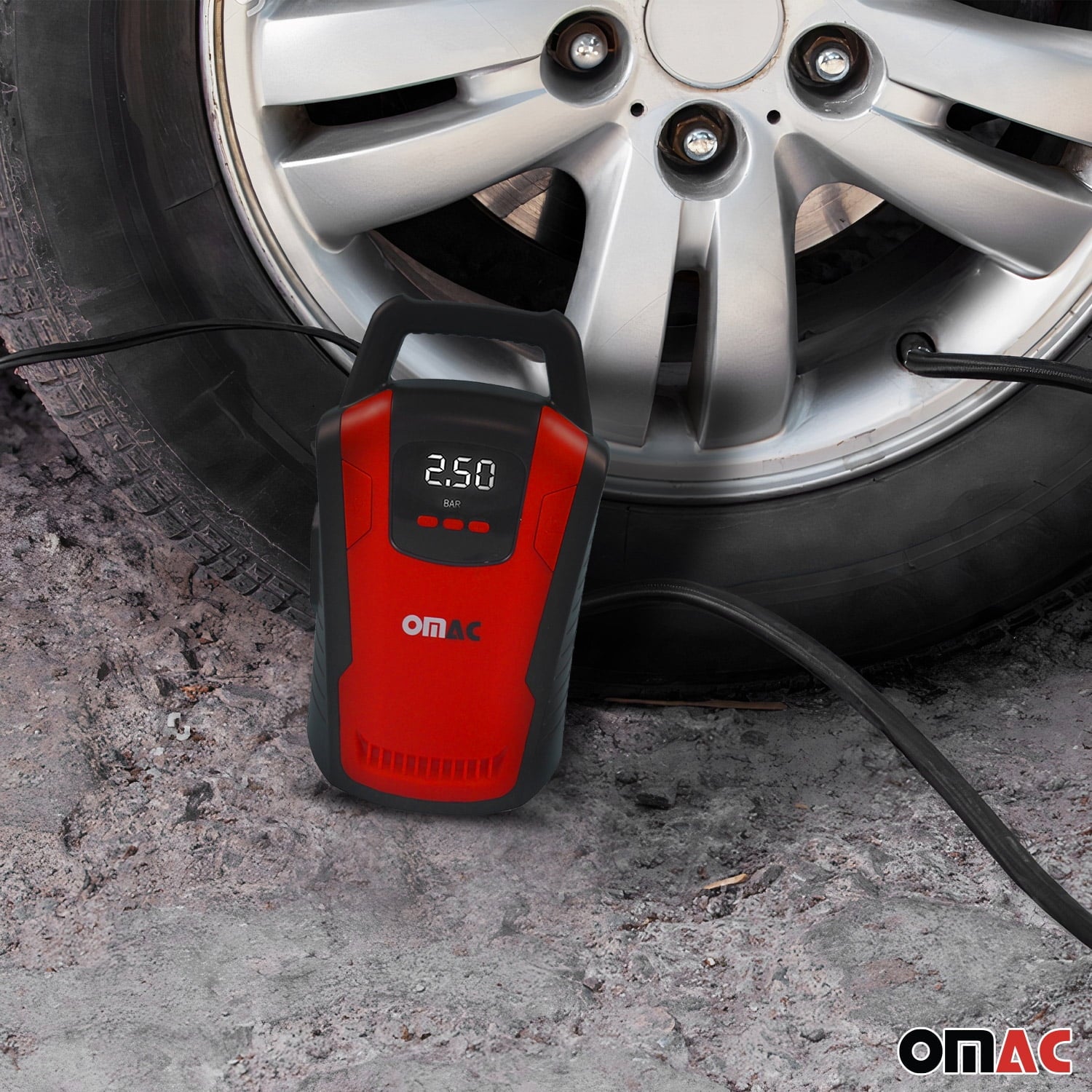 OMAC Car Tire Pump, Cigarette Lighter Tire Inflator, 12V, Portable Air Compressor, Air Pump, Digital Pressure Gauge,150PSI, LED Light, Red