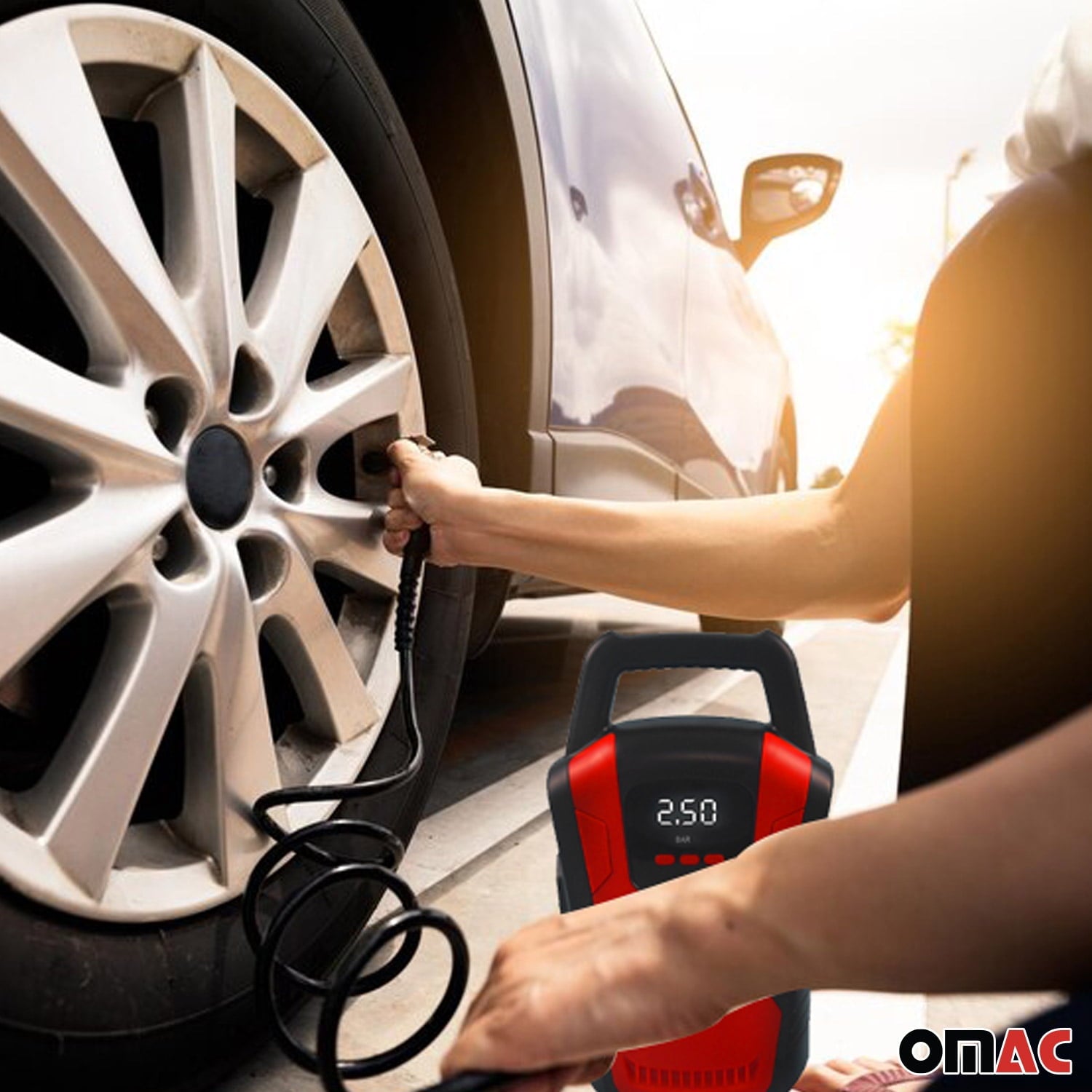 OMAC Car Tire Pump, Cigarette Lighter Tire Inflator, 12V, Portable Air Compressor, Air Pump, Digital Pressure Gauge,150PSI, LED Light, Red