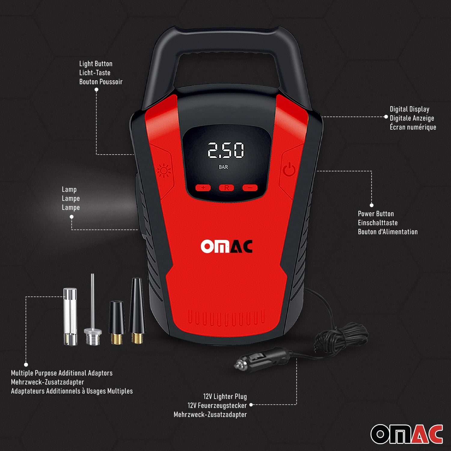 OMAC Car Tire Pump, Cigarette Lighter Tire Inflator, 12V, Portable Air Compressor, Air Pump, Digital Pressure Gauge,150PSI, LED Light, Red