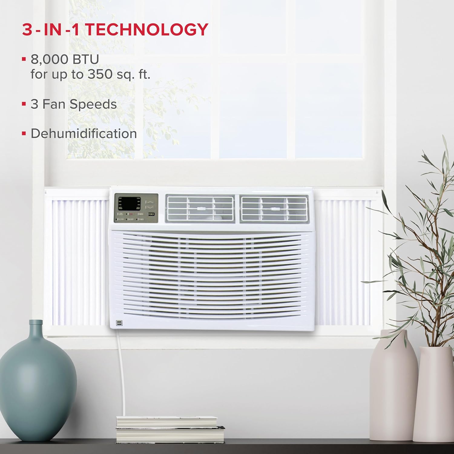 RCA 8,000 BTU Window Mounted Air Conditioner & Dehumidifier,115V, Perfect for Medium Rooms up to 350 Sq. Ft. with Remote Control, Window AC Unit for Apartment, Living Room, White