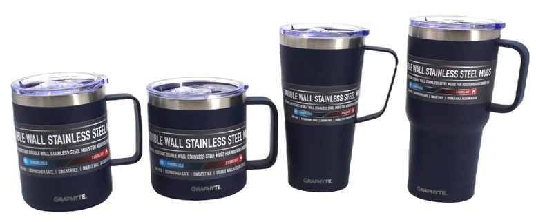 GRAPHYTE Double Wall Vacuum Insulated Stainless Steel Mugs with Handle and Slider Lid, Assorted Colors and Sizes