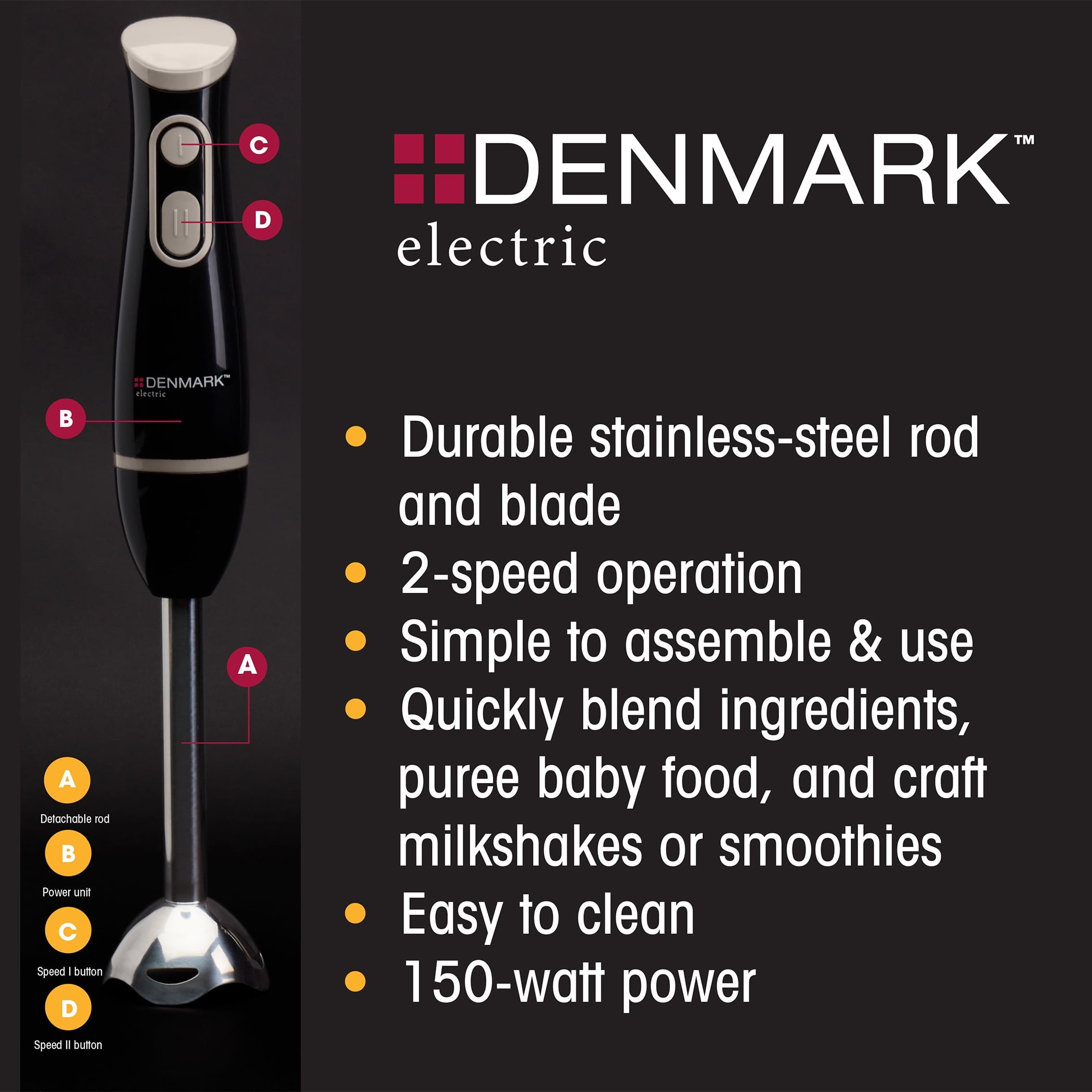 Denmark Electric 2 Speed Hand Held Immersion Blender, Black