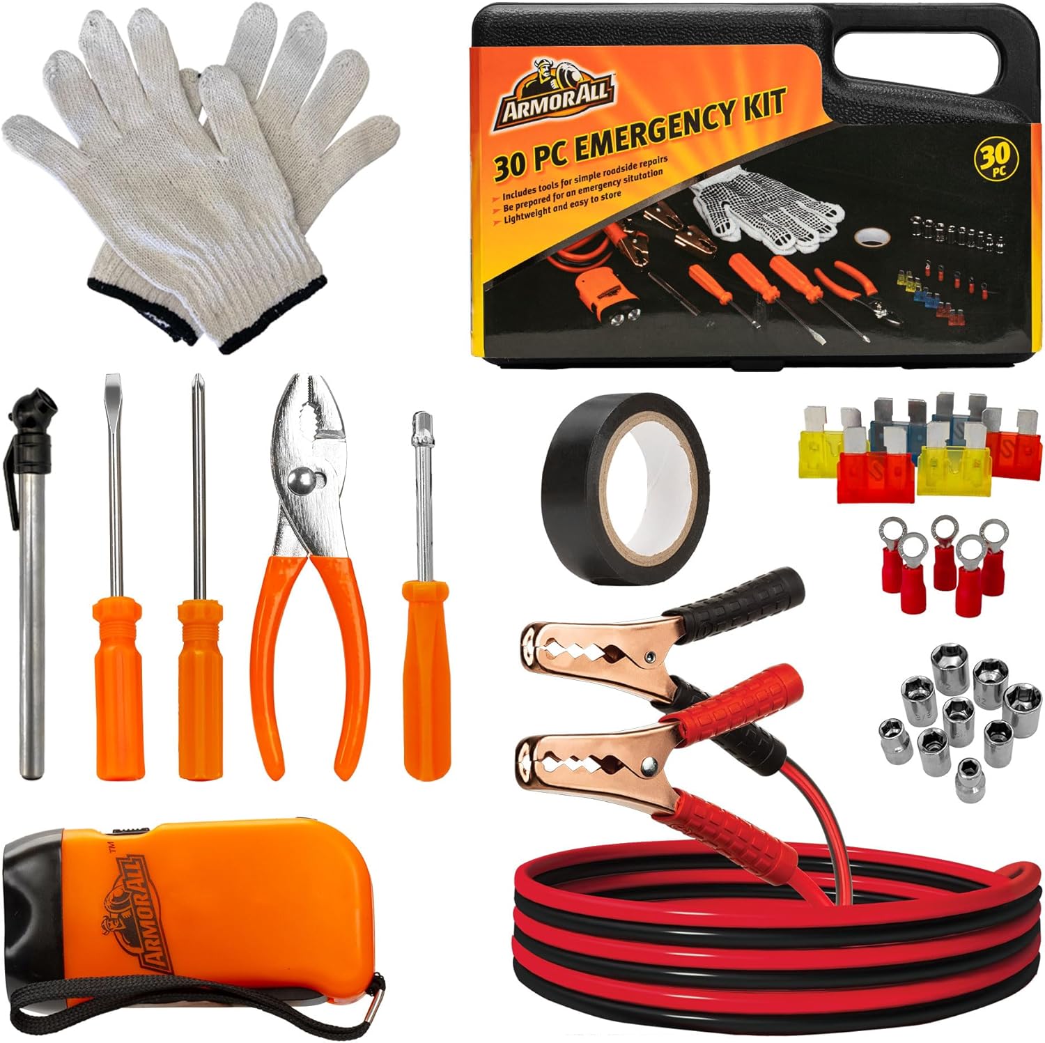 Armor All 30pc Roadside Emergency Kit - Gloves, Tools, Flashlight, Car Fuses, Tape, Socket Heads, 12G Jumper Cables & Carrying Case - Roadside Emergency Kit, Travel Essential