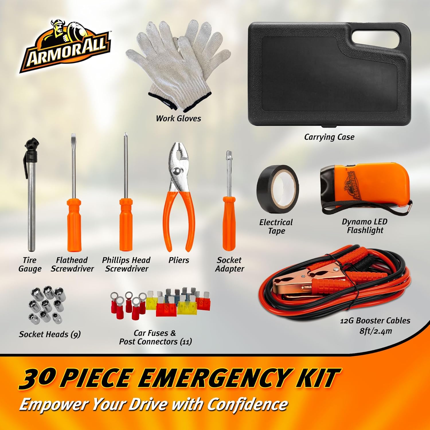 Armor All 30pc Roadside Emergency Kit - Gloves, Tools, Flashlight, Car Fuses, Tape, Socket Heads, 12G Jumper Cables & Carrying Case - Roadside Emergency Kit, Travel Essential