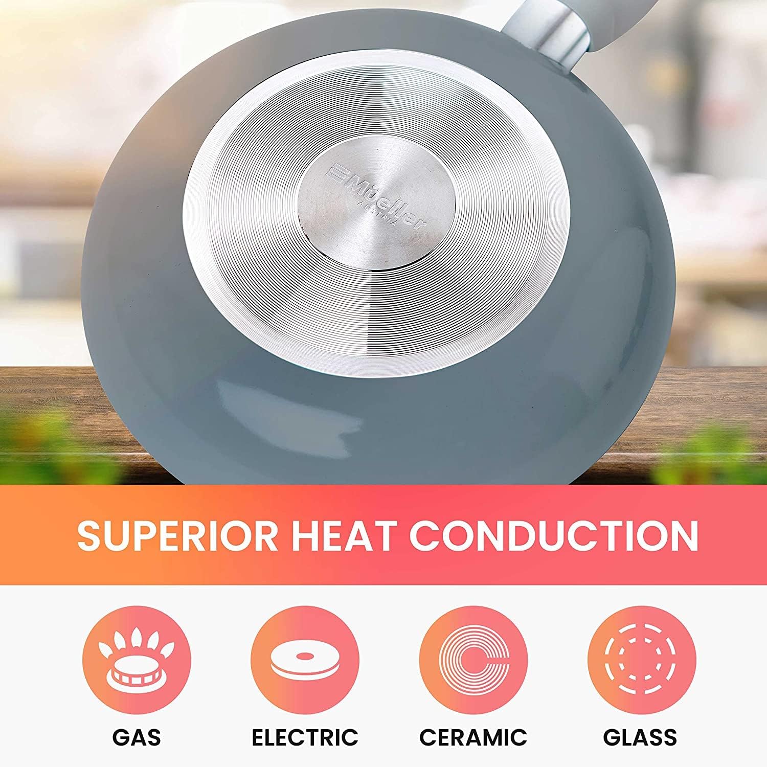 Mueller 16-Piece Nonstick Stone Cookware Set - PFOS/PFOA-Free, Stainless Steamer and Fry Pan, Vented Lids - Light Grey