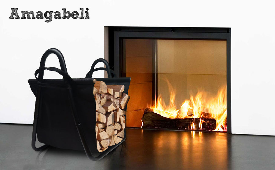 Amagabeli Fireplace Log Holder with Canvas Tote Carrier Indoor Fire Wood Rack