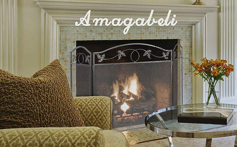 Amagabeli 3Panel Pewter Wrought Iron Fireplace Screen with Protective Mesh Solid Spark Guard