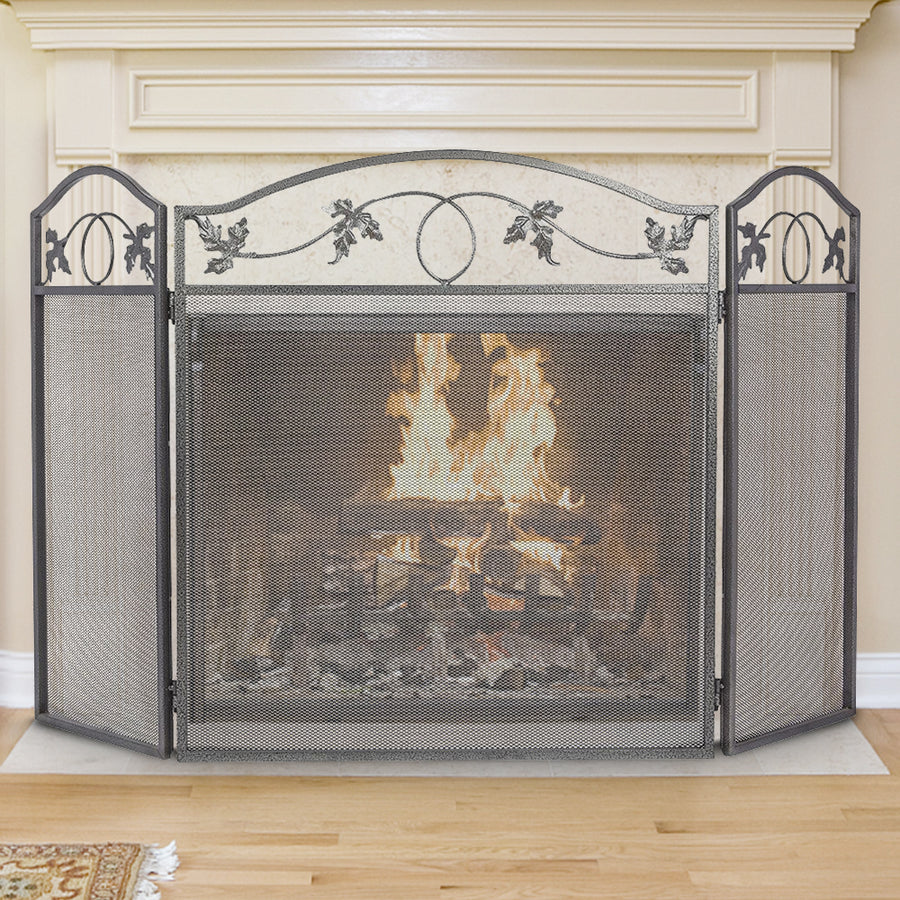 Amagabeli 3Panel Pewter Wrought Iron Fireplace Screen with Protective Mesh Solid Spark Guard