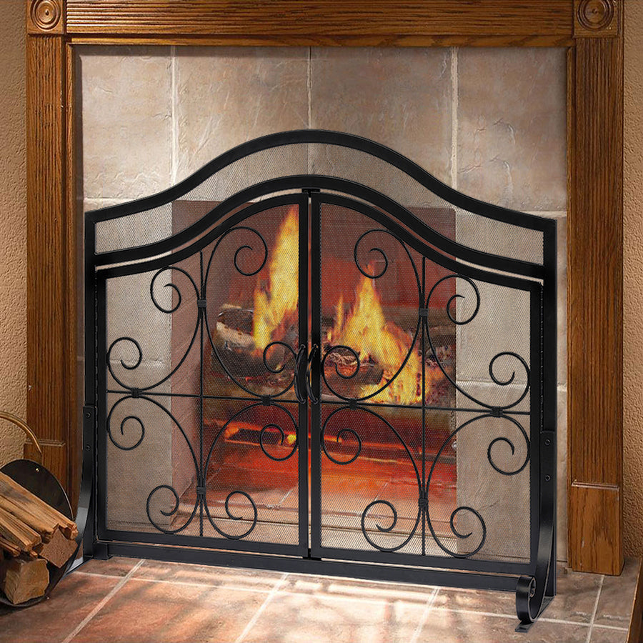 Amagabeli Fireplace Screen with Doors Large Flat Spark Guard with Protective Mesh