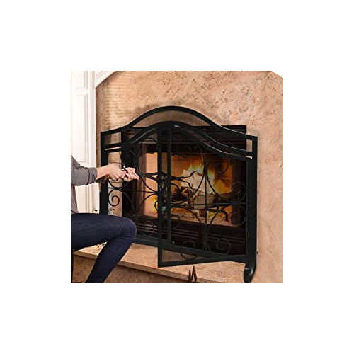 Amagabeli Fireplace Screen with Doors Large Flat Spark Guard with Protective Mesh