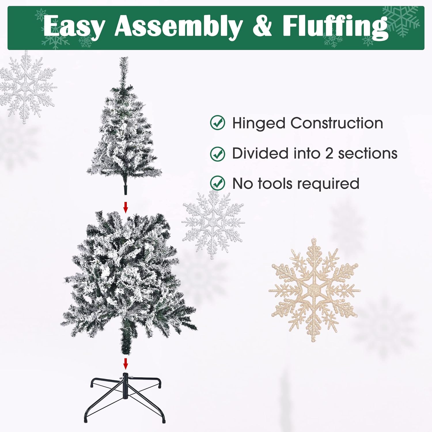 Yescom 5ft White Flocked Artificial Christmas Tree – Hinged Foldable Pine with 518 Branch Tips for Holiday, Party, Office & Home Décor