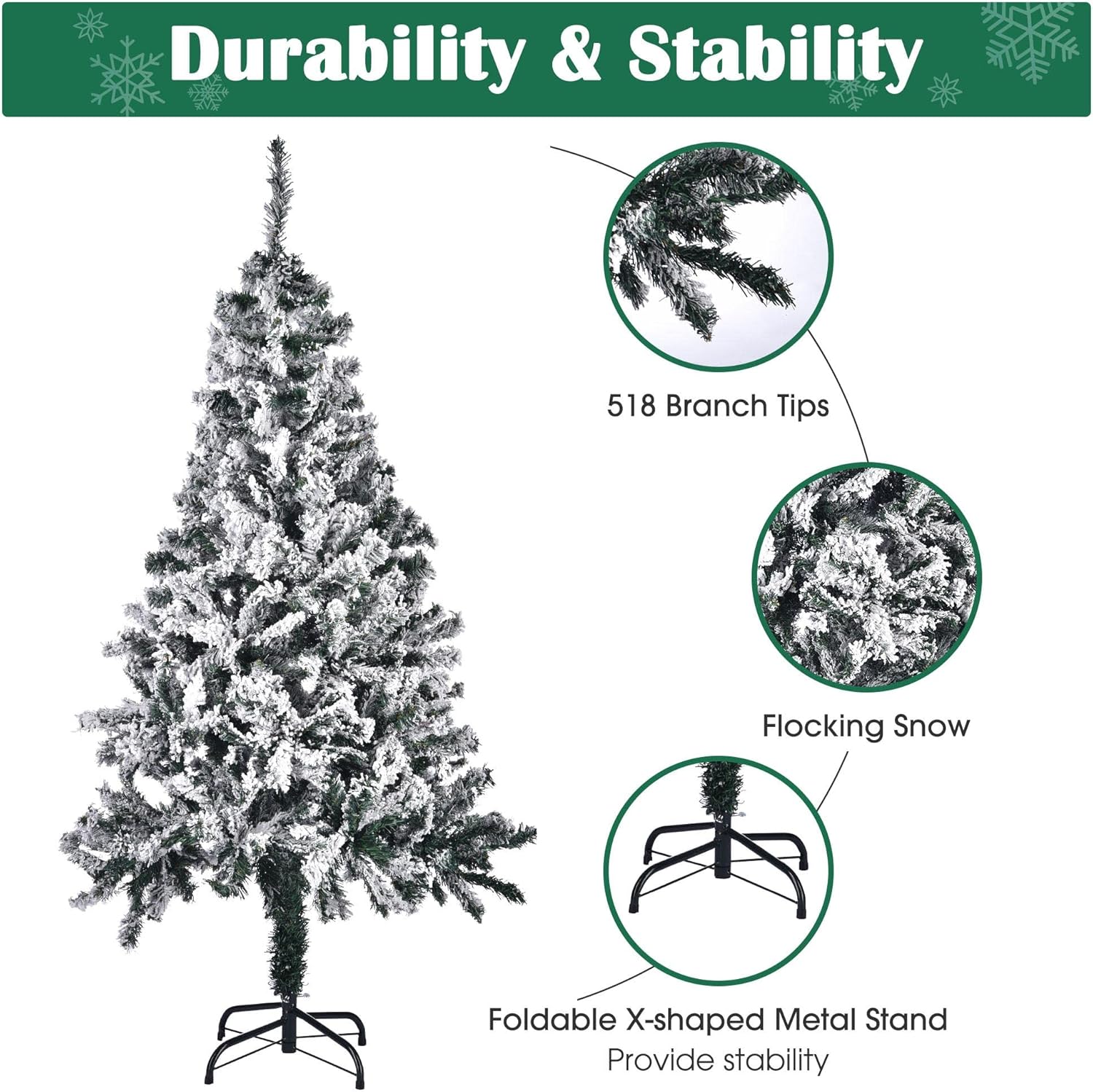 Yescom 5ft White Flocked Artificial Christmas Tree – Hinged Foldable Pine with 518 Branch Tips for Holiday, Party, Office & Home Décor