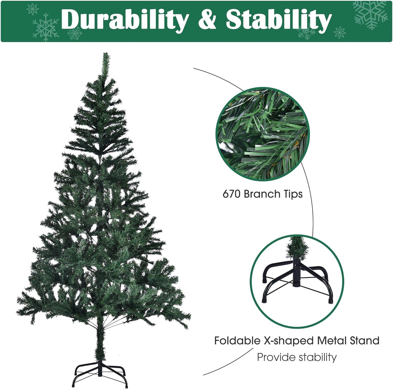 Yescom 6Ft Christmas Tree Artificial Pine Tree, Green Xmas Tree, Foldable Hinged, 670 Branch Tips