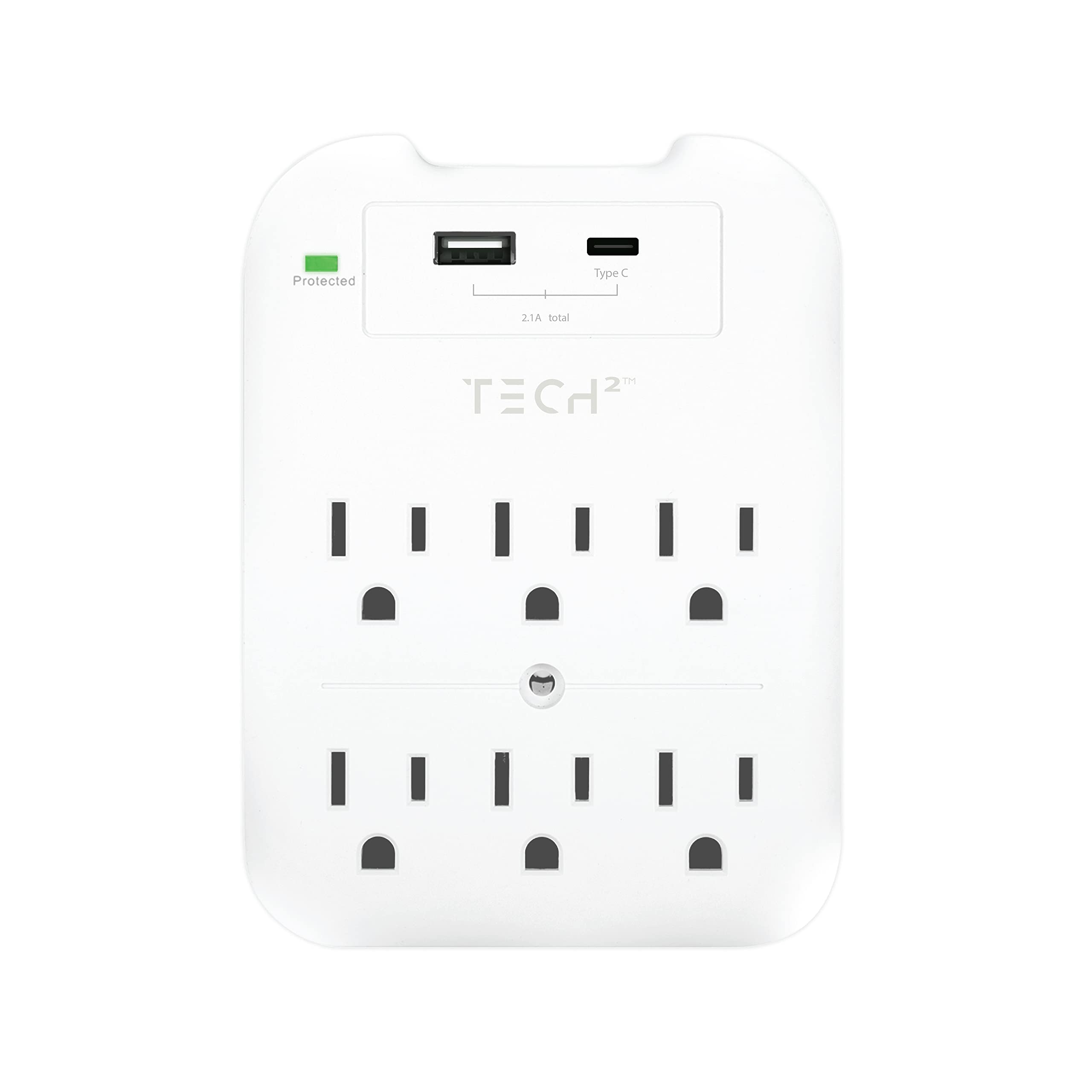 Multi Plug Wall Outlet Surge Protector with USB Ports - 6 Outlet Extender with 2 USB Ports (1 USB-C) - Power Strip with Adapter Spaced Outlets for Home, Travel, Office (White)