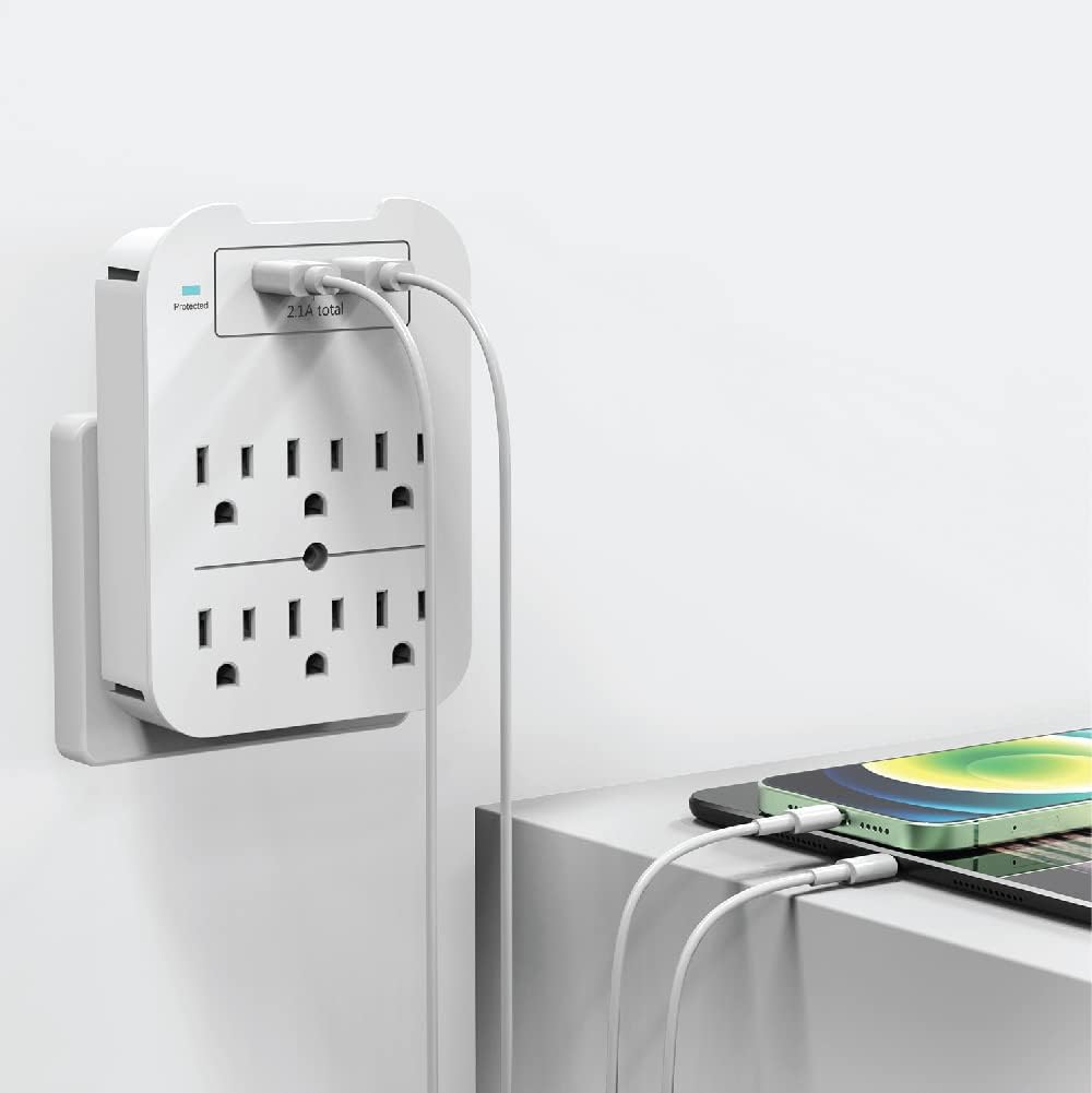 Multi Plug Wall Outlet Surge Protector with USB Ports - 6 Outlet Extender with 2 USB Ports (1 USB-C) - Power Strip with Adapter Spaced Outlets for Home, Travel, Office (White)