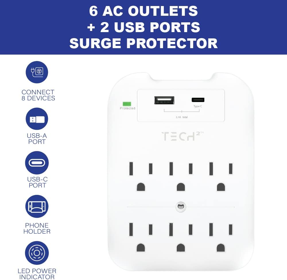 Multi Plug Wall Outlet Surge Protector with USB Ports - 6 Outlet Extender with 2 USB Ports (1 USB-C) - Power Strip with Adapter Spaced Outlets for Home, Travel, Office (White)