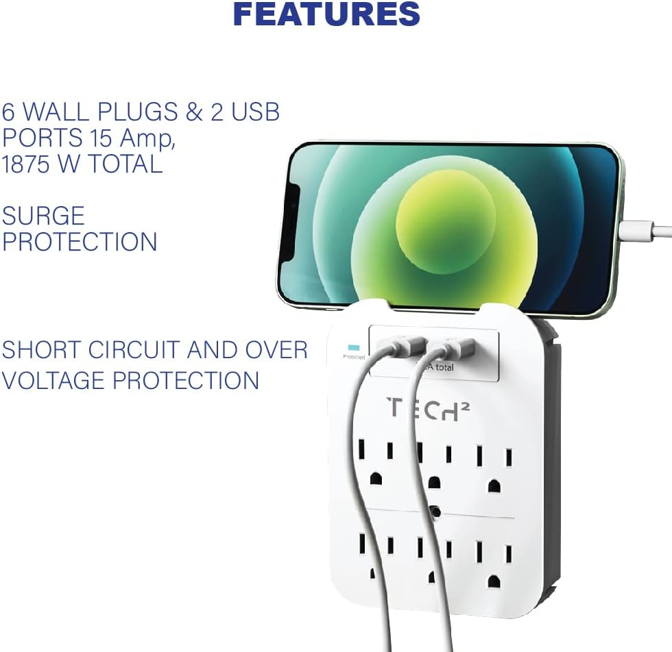 Multi Plug Wall Outlet Surge Protector with USB Ports - 6 Outlet Extender with 2 USB Ports (1 USB-C) - Power Strip with Adapter Spaced Outlets for Home, Travel, Office (White)