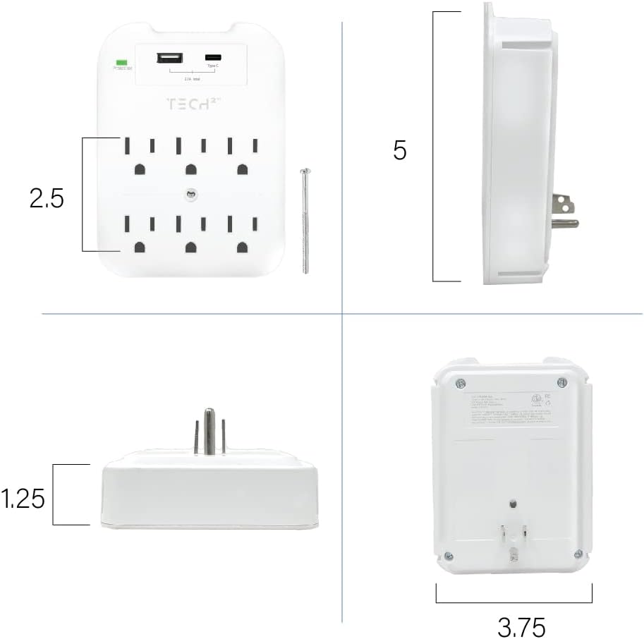 Multi Plug Wall Outlet Surge Protector with USB Ports - 6 Outlet Extender with 2 USB Ports (1 USB-C) - Power Strip with Adapter Spaced Outlets for Home, Travel, Office (White)
