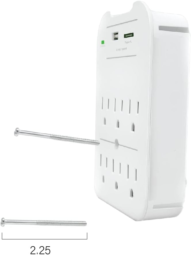 Multi Plug Wall Outlet Surge Protector with USB Ports - 6 Outlet Extender with 2 USB Ports (1 USB-C) - Power Strip with Adapter Spaced Outlets for Home, Travel, Office (White)