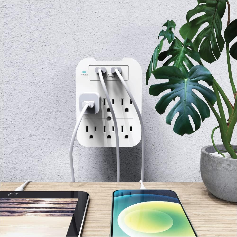 Multi Plug Wall Outlet Surge Protector with USB Ports - 6 Outlet Extender with 2 USB Ports (1 USB-C) - Power Strip with Adapter Spaced Outlets for Home, Travel, Office (White)