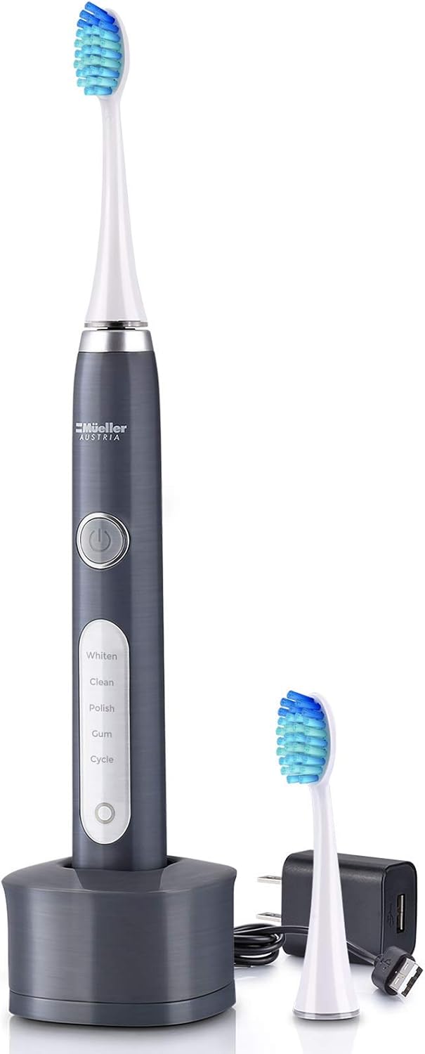 Mueller Sonic Rechargeable Electric Toothbrush with CrossClean Technology, 5 Modes, IPX7 Fully Waterproof, Built-in Auto Timer, 3D Cleaning Action, Grey