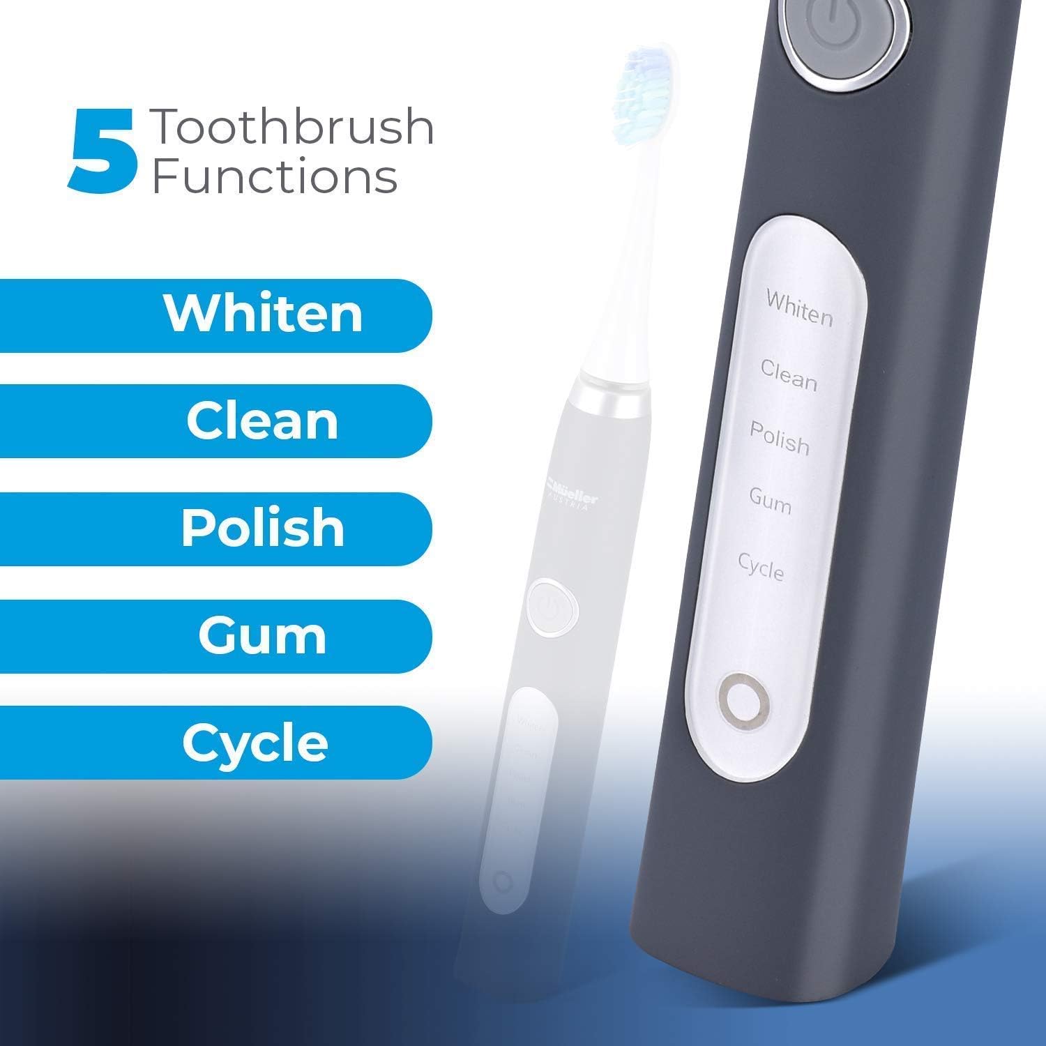 Mueller Sonic Rechargeable Electric Toothbrush with CrossClean Technology, 5 Modes, IPX7 Fully Waterproof, Built-in Auto Timer, 3D Cleaning Action, Grey