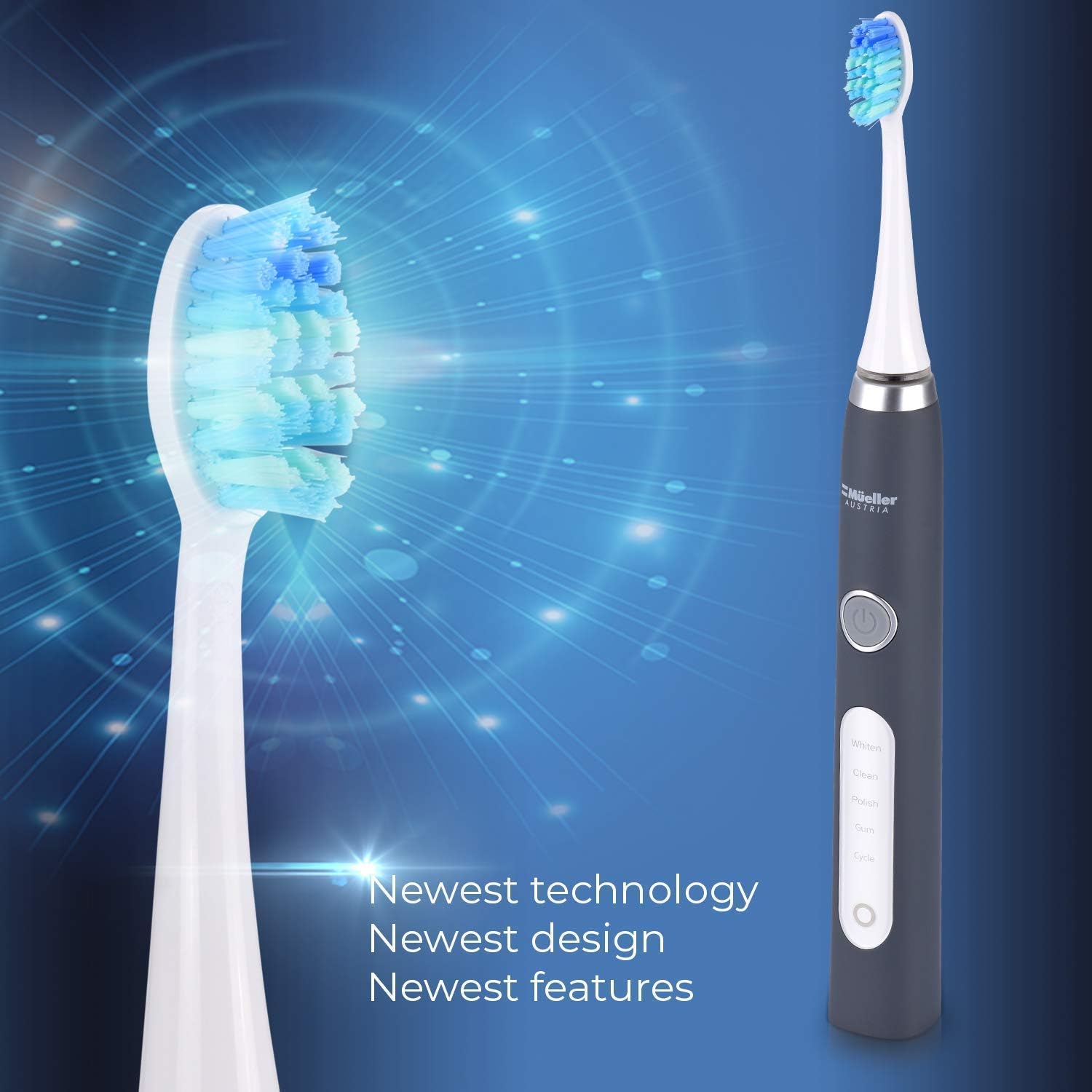 Mueller Sonic Rechargeable Electric Toothbrush with CrossClean Technology, 5 Modes, IPX7 Fully Waterproof, Built-in Auto Timer, 3D Cleaning Action, Grey