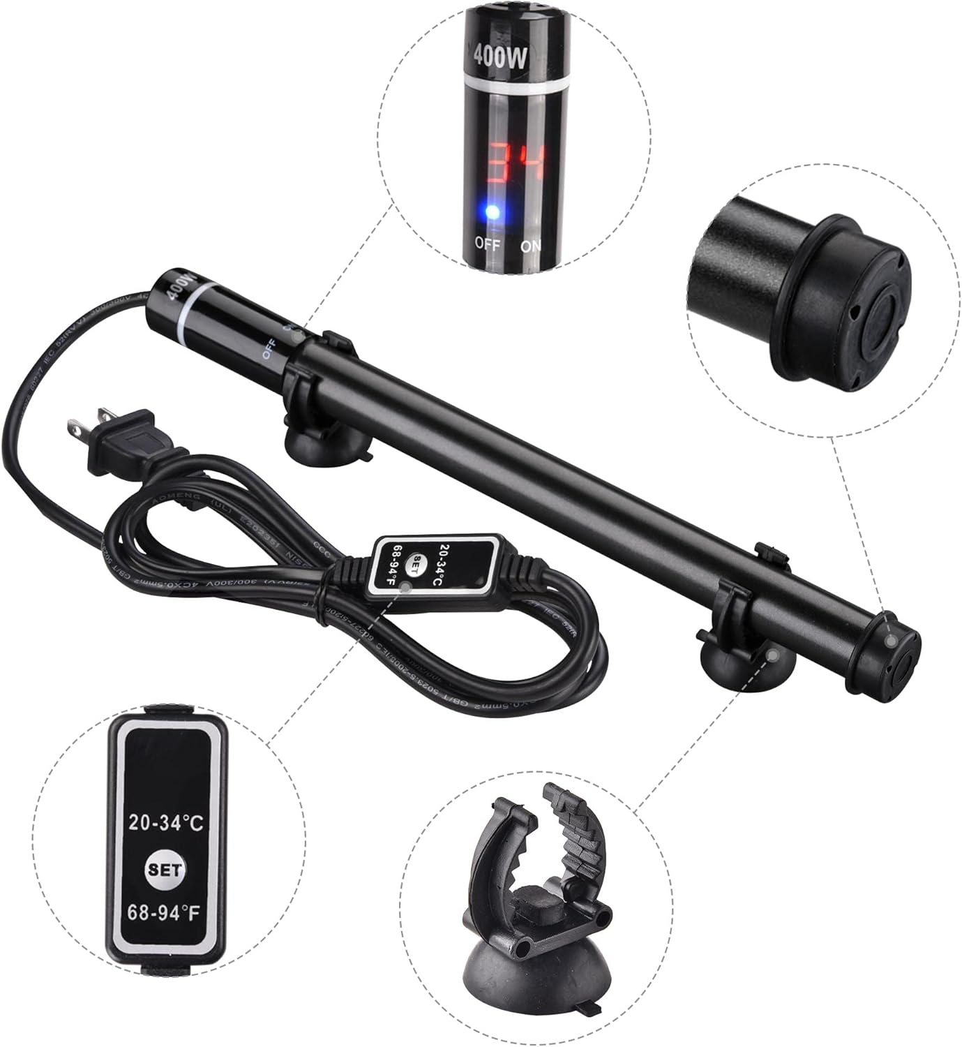 Yescom Aquarium Heater 400W Submersible Fish Tank Heater for 80 Gallon with Intelligent LCD Temperature Display Saltwater Freshwater