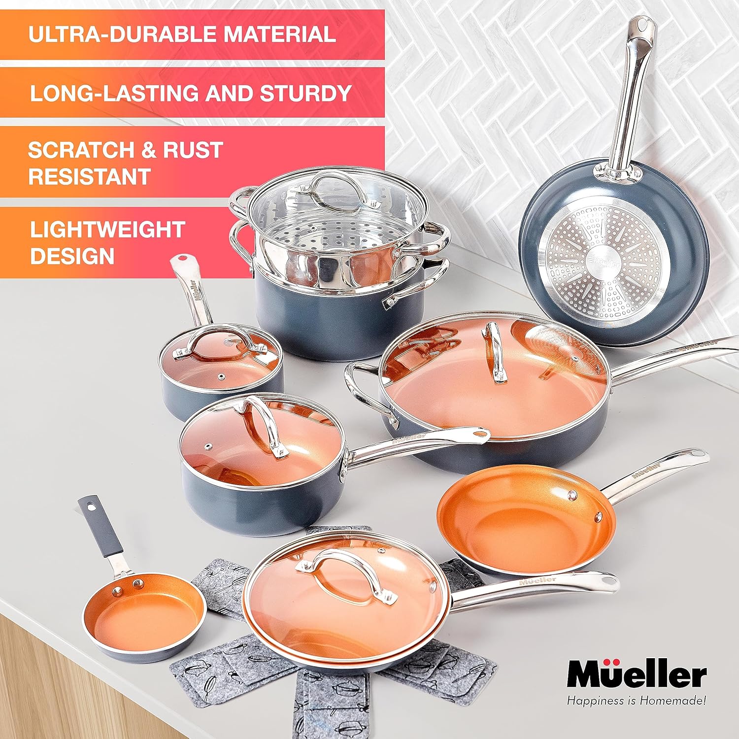 Mueller UltraClad Copper Pots and Pans Set, 14-Piece Kitchen Cookware Set