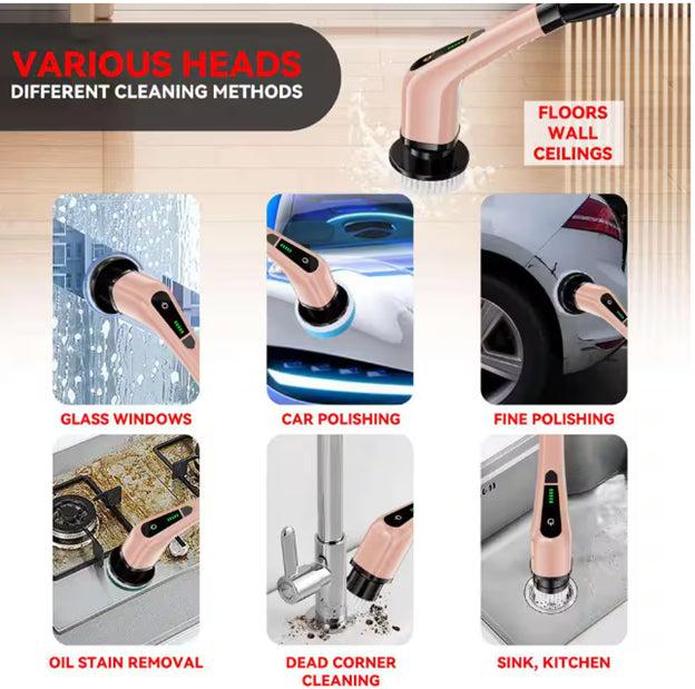 Cordless Portable Carpet Cleaners, Power Scrubber, 2-Speeds, 7-Brush Heads, Long Handle for Bathroom, Tub, Rose Gold