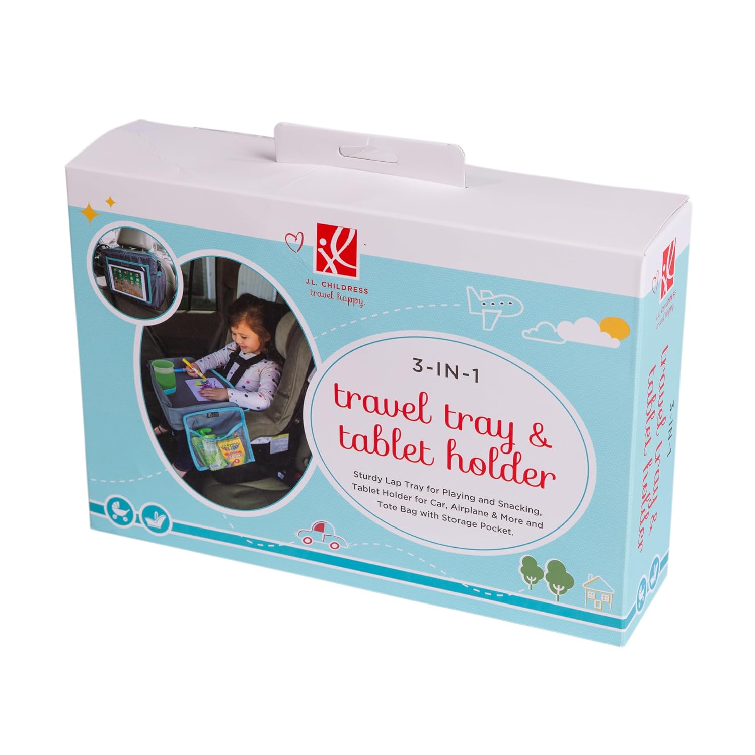 J.L. Childress 3-in-1 Travel Tray & iPad Tablet Holder - Car Seat Lap Tray for Toddlers, Kids - Use on Airplanes, Road Trips, Lap Desk - Tablet Holder and Carry Bag - Grey/Teal