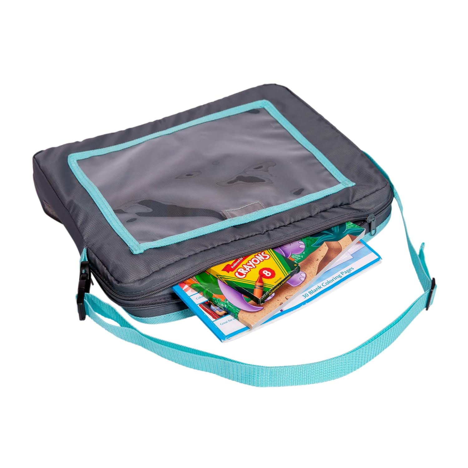 J.L. Childress 3-in-1 Travel Tray & iPad Tablet Holder - Car Seat Lap Tray for Toddlers, Kids - Use on Airplanes, Road Trips, Lap Desk - Tablet Holder and Carry Bag - Grey/Teal