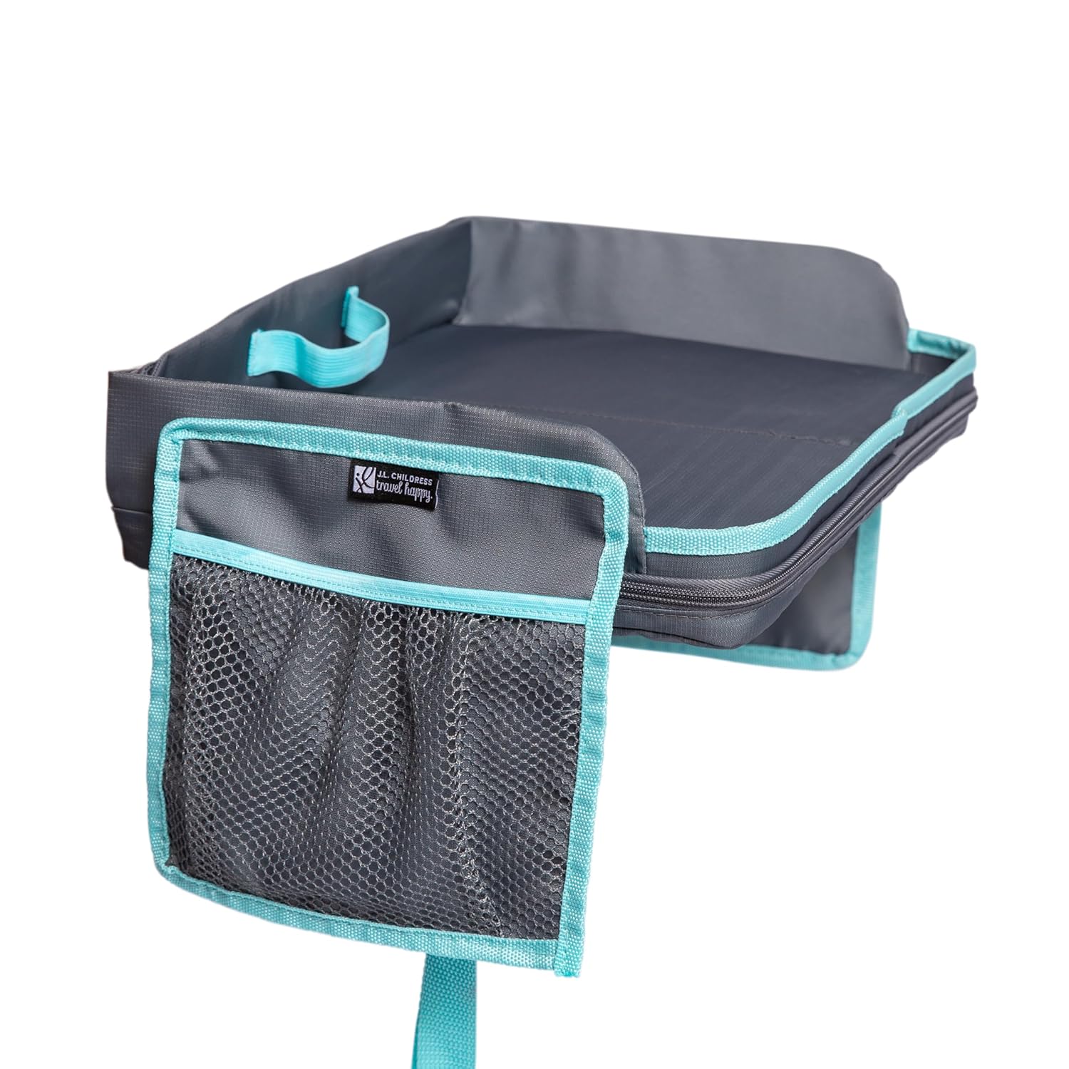 J.L. Childress 3-in-1 Travel Tray & iPad Tablet Holder - Car Seat Lap Tray for Toddlers, Kids - Use on Airplanes, Road Trips, Lap Desk - Tablet Holder and Carry Bag - Grey/Teal