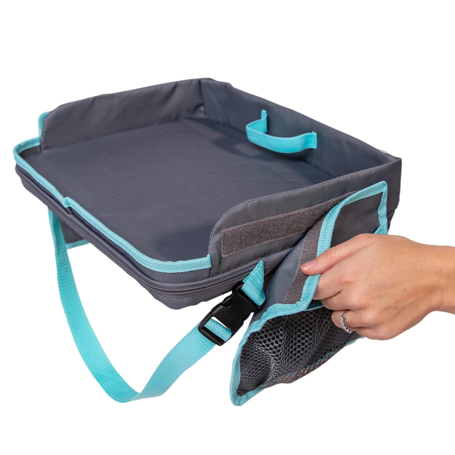J.L. Childress 3-in-1 Travel Tray & iPad Tablet Holder - Car Seat Lap Tray for Toddlers, Kids - Use on Airplanes, Road Trips, Lap Desk - Tablet Holder and Carry Bag - Grey/Teal