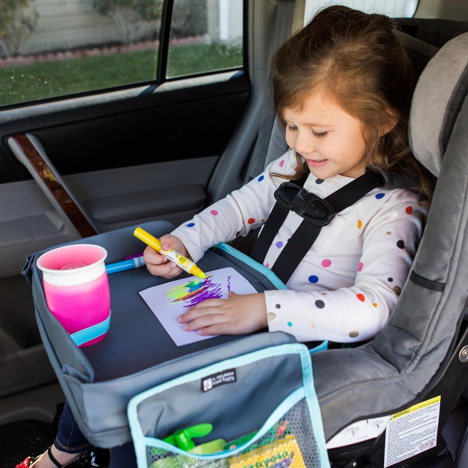 J.L. Childress 3-in-1 Travel Tray & iPad Tablet Holder - Car Seat Lap Tray for Toddlers, Kids - Use on Airplanes, Road Trips, Lap Desk - Tablet Holder and Carry Bag - Grey/Teal