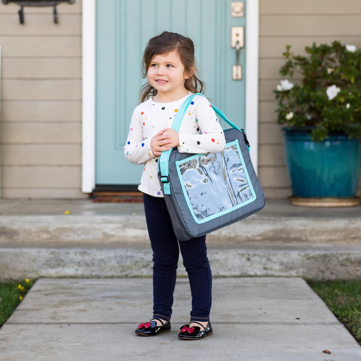 J.L. Childress 3-in-1 Travel Tray & iPad Tablet Holder - Car Seat Lap Tray for Toddlers, Kids - Use on Airplanes, Road Trips, Lap Desk - Tablet Holder and Carry Bag - Grey/Teal
