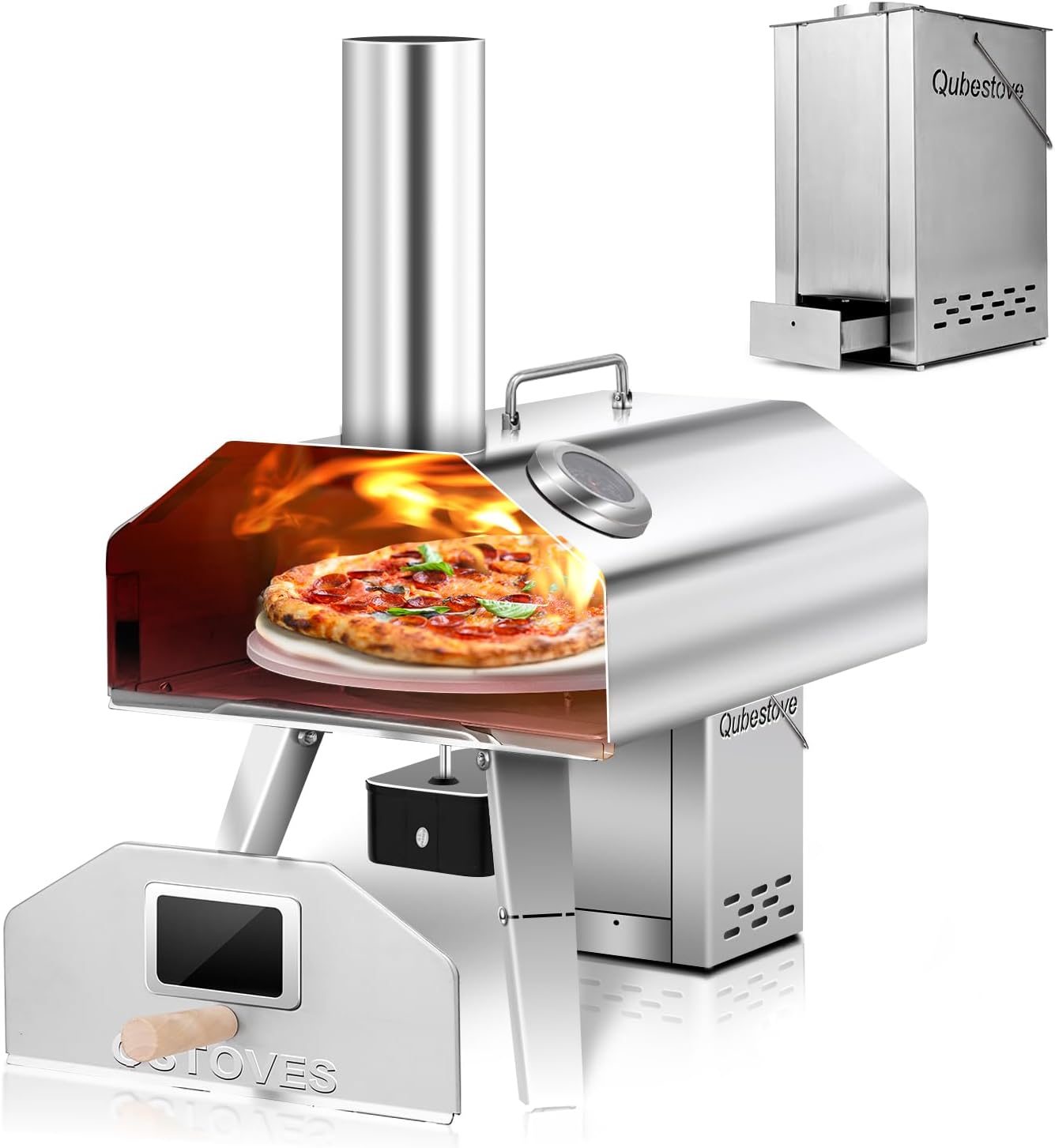 2-in-1 Outdoor Pizza Oven, 12" Wood Pellet Pizza Oven with AUTO ROTATING Pizza Stone, Portable, Removable Top as Torch Heater or Stove (New Item, Damaged Packaging)