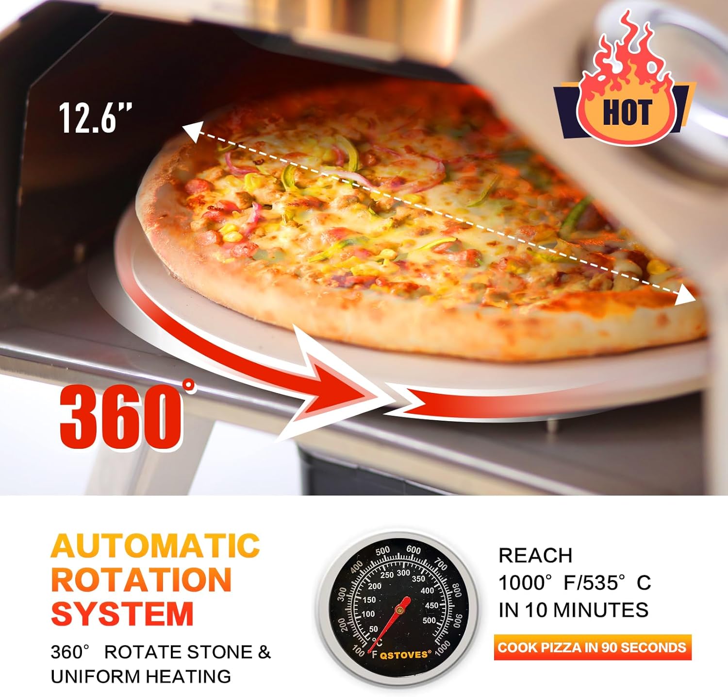 2-in-1 Outdoor Pizza Oven, 12" Wood Pellet Pizza Oven with AUTO ROTATING Pizza Stone, Portable, Removable Top as Torch Heater or Stove (New Item, Damaged Packaging)