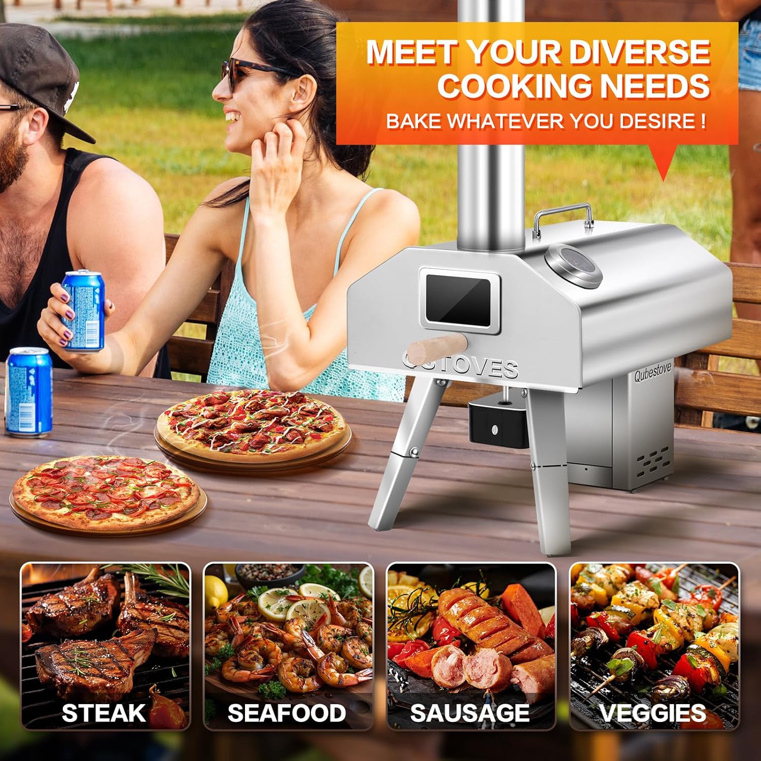 2-in-1 Outdoor Pizza Oven, 12" Wood Pellet Pizza Oven with AUTO ROTATING Pizza Stone, Portable, Removable Top as Torch Heater or Stove (New Item, Damaged Packaging)