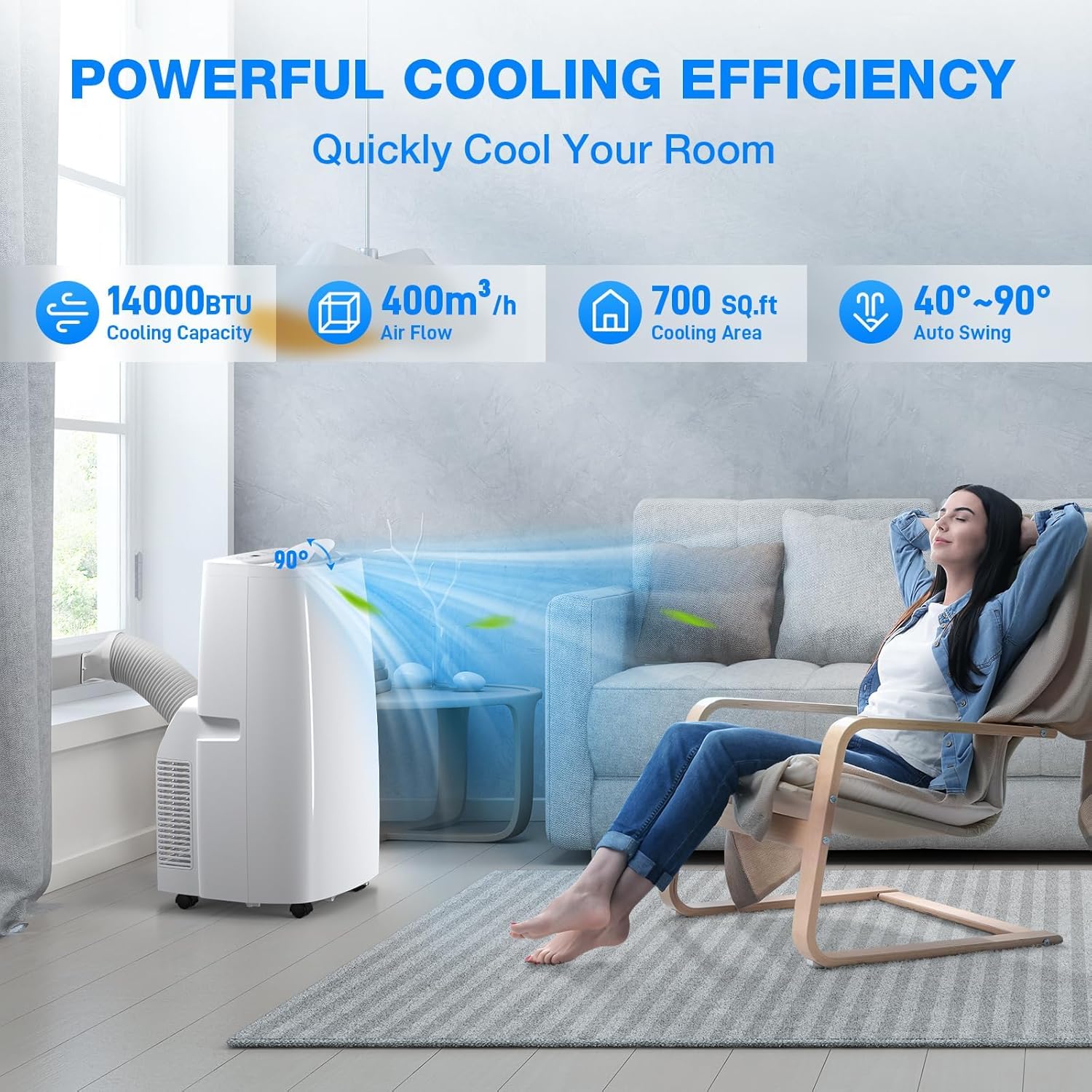 Air Choice 14000 BTU Portable Air Conditioner, 4-in-1 Air Conditioner Portable for Room Up to 700 Sq.Ft. with Remote, Auto Swing, Quiet AC Unit as Heater Dehumidifier Fan, 24H Timer, Window Kit, White 14,000 BTU(with Heat)
