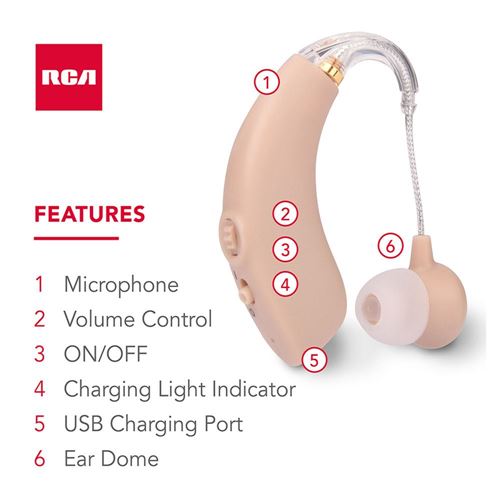 RCA 2-PK OTC Rechargeable Digital Behind-the-Ear Hearing Aids, Grey