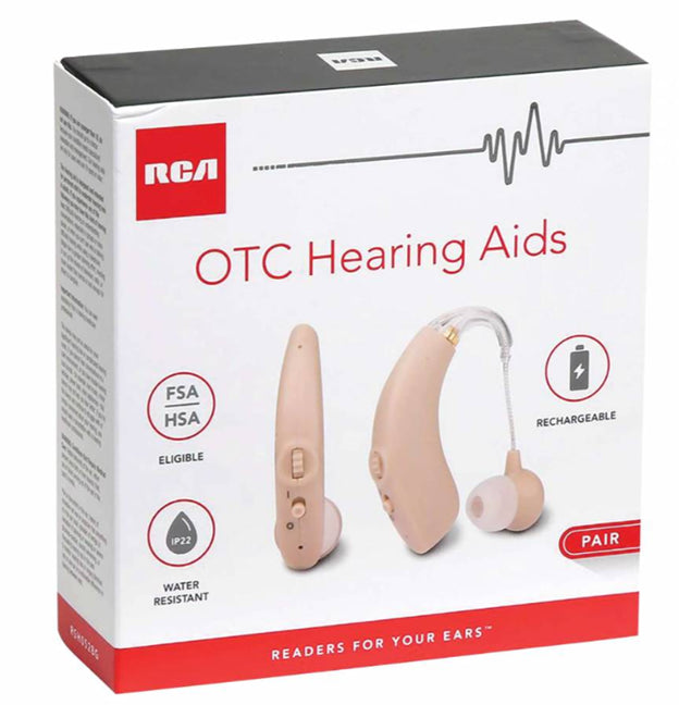 RCA 2-PK OTC Rechargeable Digital Behind-the-Ear Hearing Aids with Dual Nightstand Charge, Beige