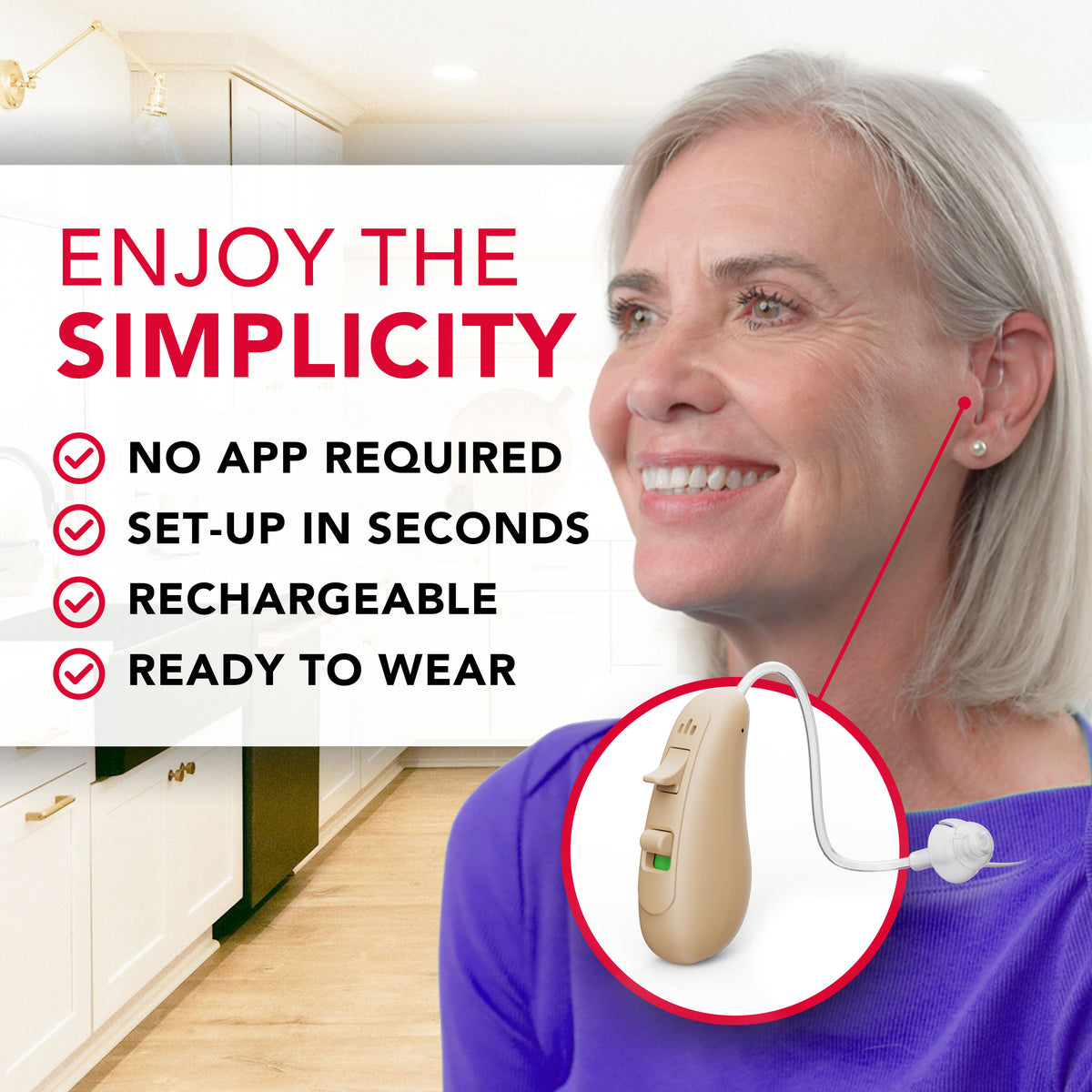 RCA 2-PK OTC Behind-the-Ear Hearing Aid with Rechargeable Stand, Beige