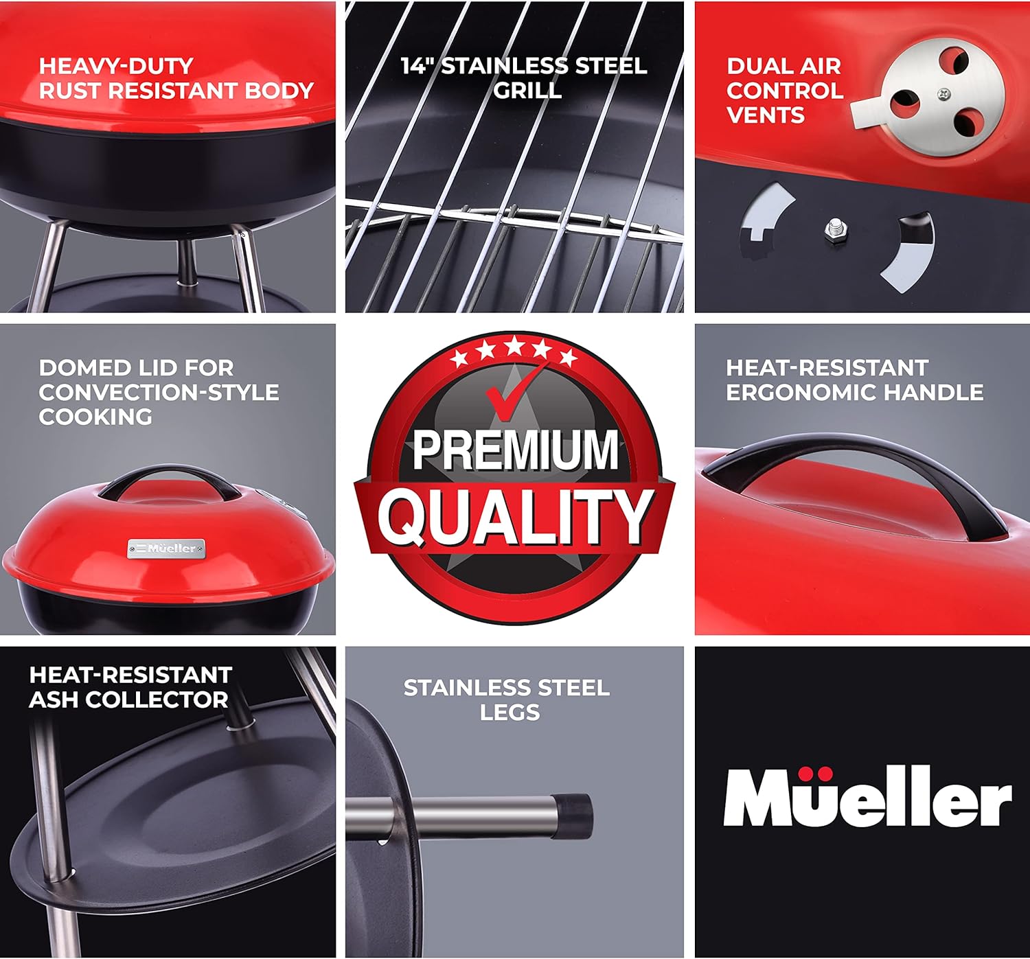 Mueller BBQ Buddy, 14 Inch Portable Charcoal Grill, Lightweight Grill for Barbecue Party, Dual Vents for Temp & Charcoal Control
